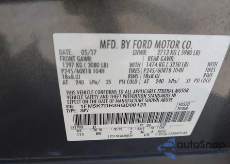 2017 Ford Explorer Xlt from USA, damaged, VIN 1FM5K7DH3HGD00123
